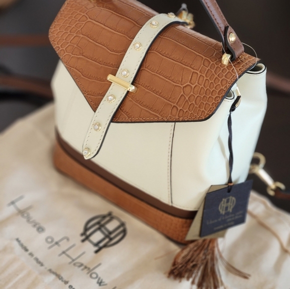 NWT ❗️ House of Harlow  1960 mini backpack cream and brown leather crystal stud - Picture 5 of 13
